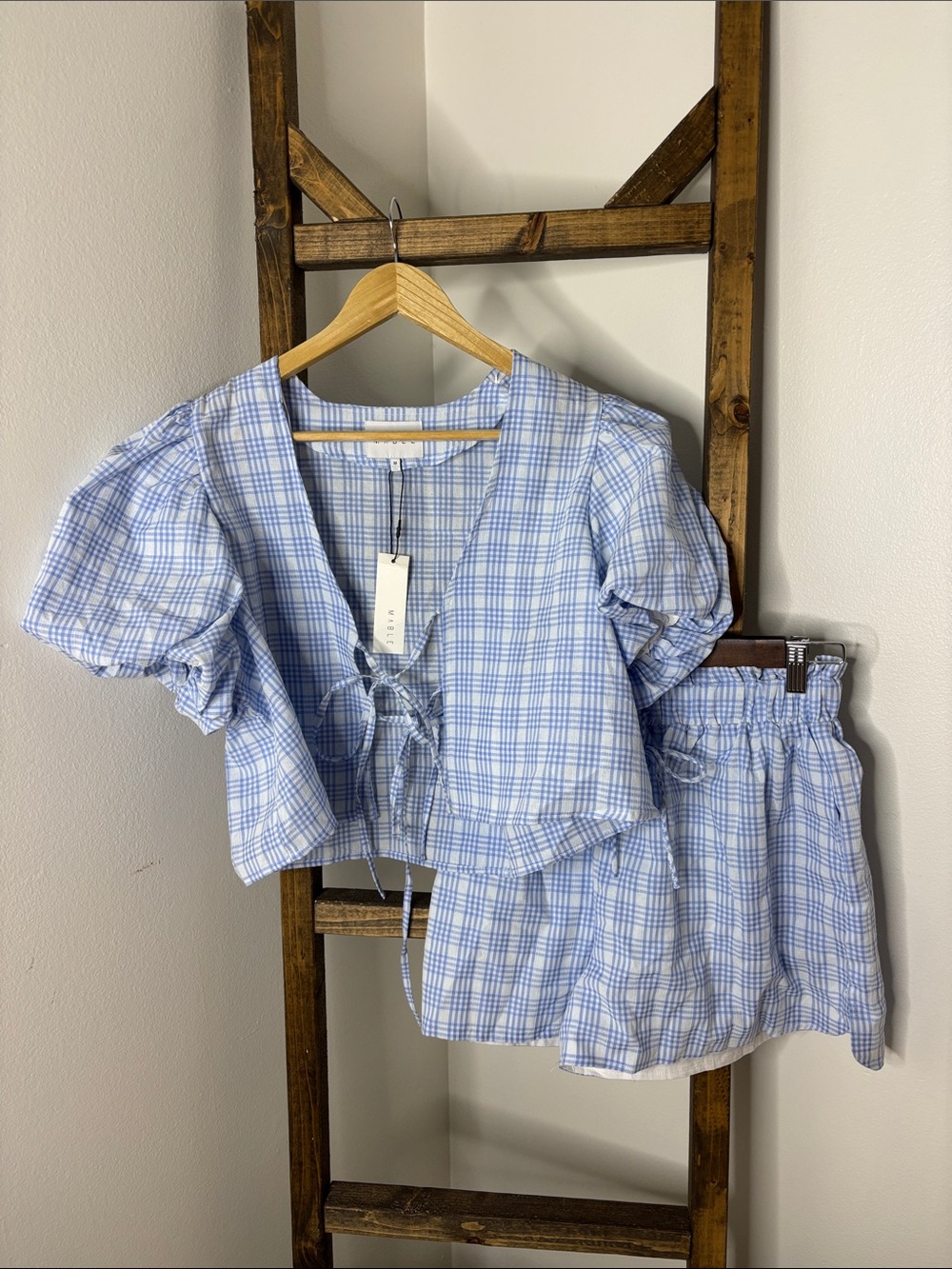 Women’s Light Blue Plaid Tie-Front Camisole & Shorts Set